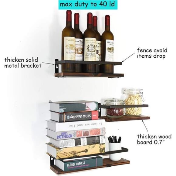 Floating Shelves Rustic Wood Wall Mounted Shelf Practical Metal Fence Design - Picture 5 of 7